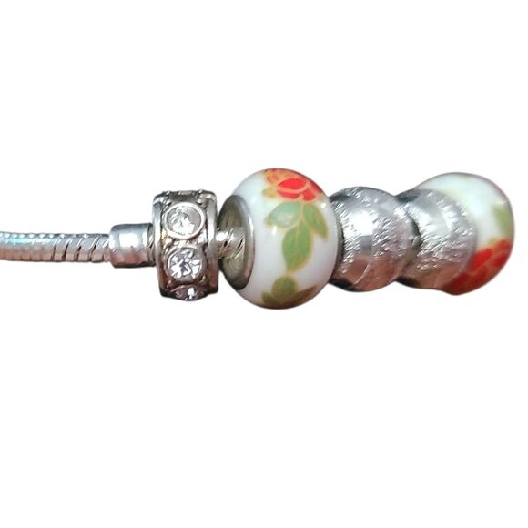 Vintage Silver Tone Slide Charm Bracelet Hand Painted Floral & Sparkle Beads  7" - Picture 2 of 6